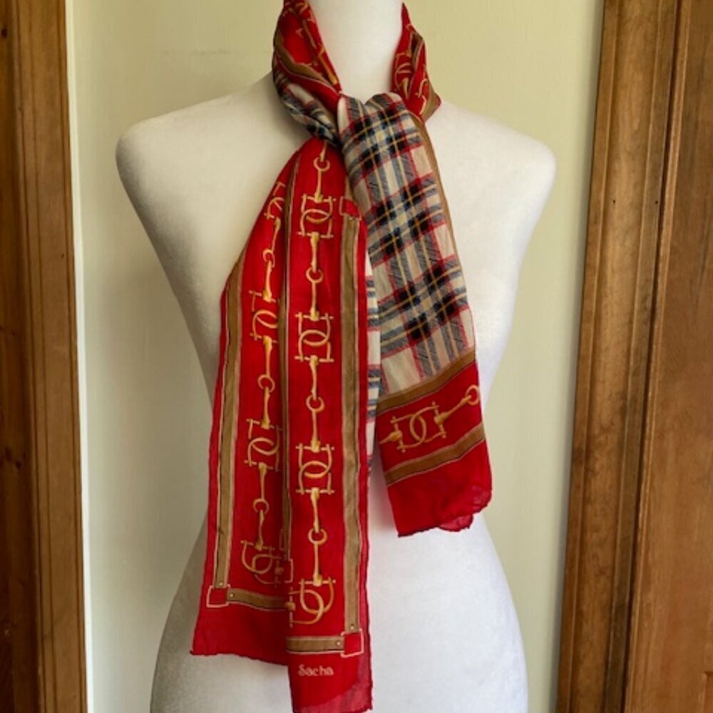 SACHA Vintage Equestrian Stirrup Tartan Plaid Skinny Oblong Scarf